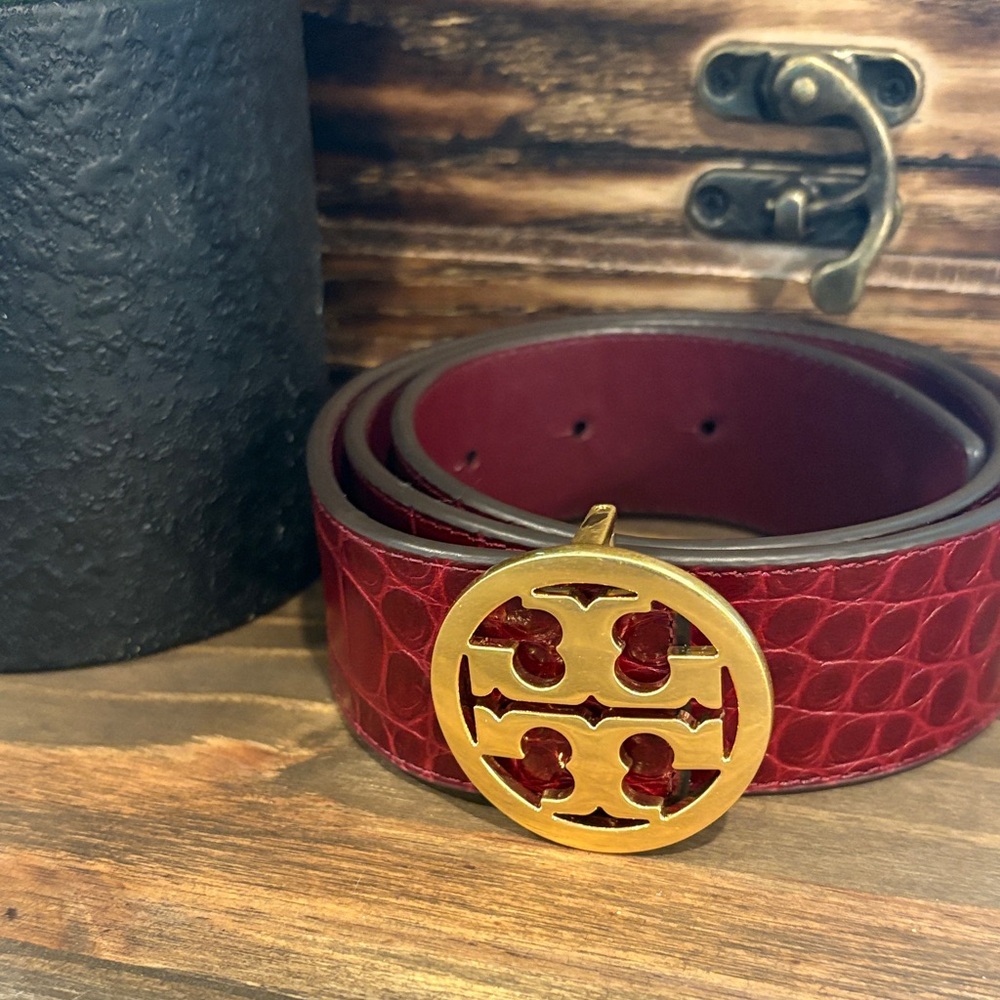 Tory Burch Gold Logo Red Belt